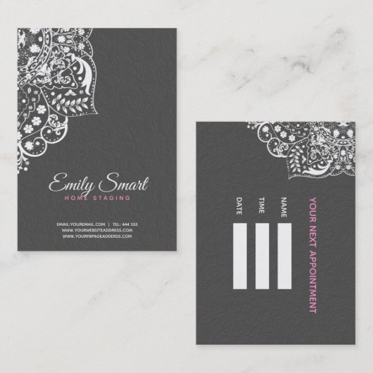 Grijs Damasks Wit Kant-Afspraakkaart Afsprakenkaartje (Voorkant / Achterkant)