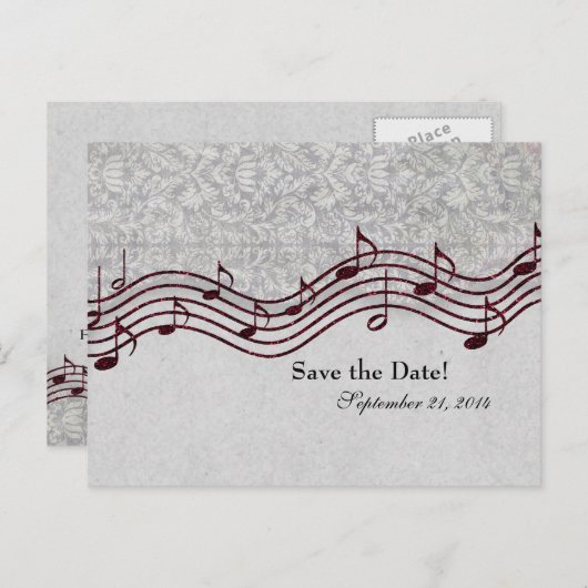 Grijs Damast Red Music Save the Date Aankondigingskaart (Voorkant / Achterkant)