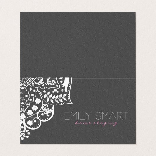 Grijs Damast Wit Mandala Visitekaartje (Buitenkant ongevouwen)