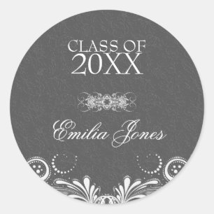 Grijs Damast Wit Swirls- Afstuderen Ronde Sticker