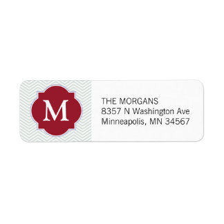 Grijs & Donkerrood Modern Chevron Custom Monogram Etiket
