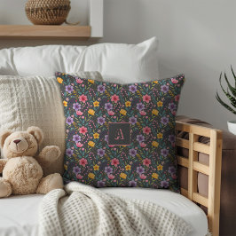 Grijs eenvoudig wilde bloemenpatroon monogram kussen