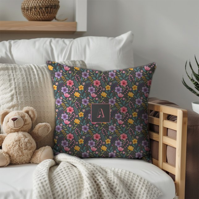 Grijs eenvoudig wilde bloemenpatroon monogram kussen (Creator heeft geüpload)