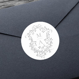 Grijs Elegant Bloemkam Monogrammen Ronde Sticker