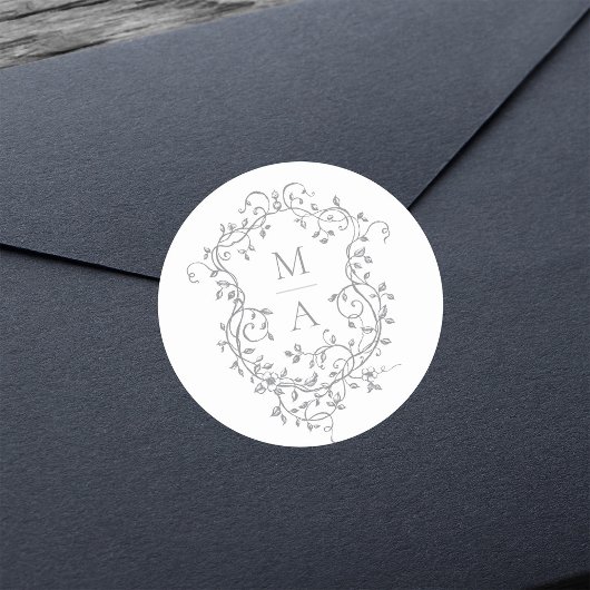 Grijs Elegant Bloemkam Monogrammen Ronde Sticker