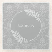 Grijs Elegant Damask gepersonaliseerd glas Onderze Glazen Onderzetter (Voorkant)