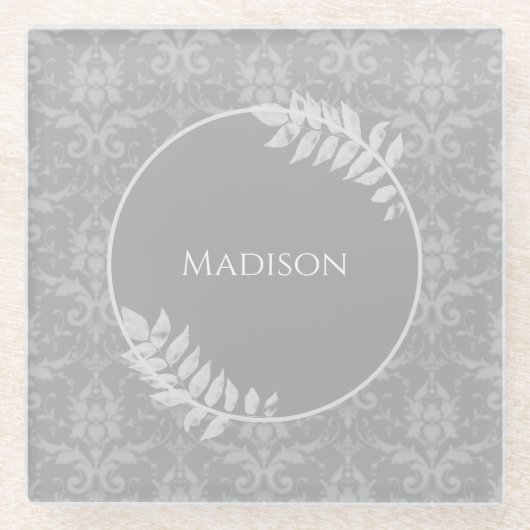 Grijs Elegant Damask gepersonaliseerd glas Onderze Glazen Onderzetter (Voorkant)
