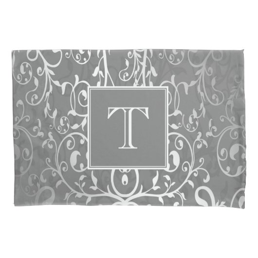 Grijs Elegant Flourish Monogram Kussensloop (Voorkant)