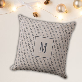 Grijs Elegant Kerstbomen Blauw Monogram Kussen