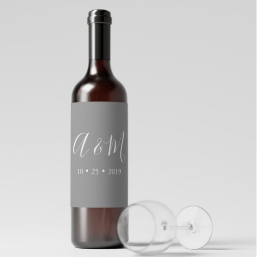 Grijs Elegant Monogram Bruiloft Wijn Label Etiket