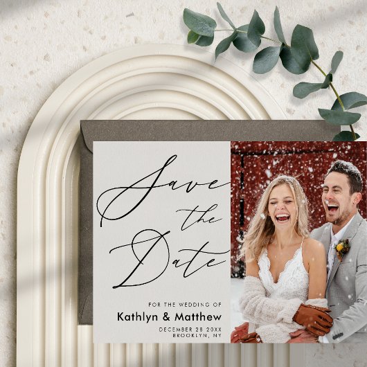 Grijs Elegant script Moderne Foto Simple Wedding Save The Date