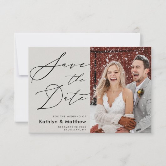 Grijs Elegant script Moderne Foto Simple Wedding Save The Date (Voorkant)
