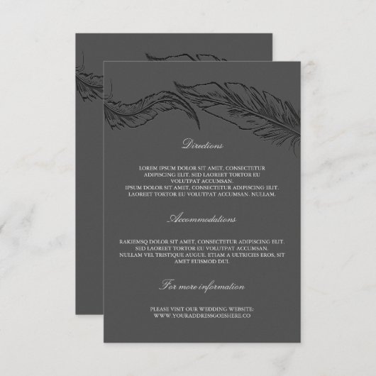 Grijs Elegant Veren Trouwdetails Informatiekaartje (Voorkant / Achterkant)