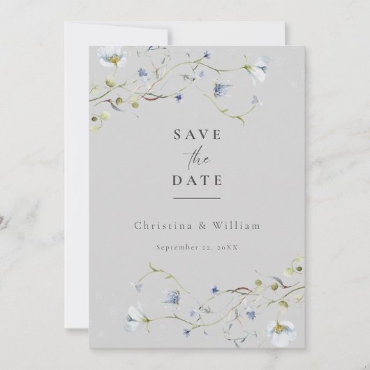 Grijs Elegant Wildflower Bruiloft Save the Date Kaart (Voorkant)