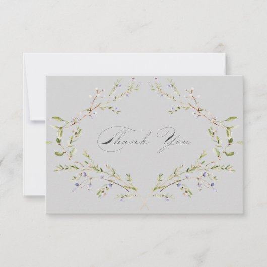 Grijs Elegant Winter Wildbloemen Bruiloft Bedankkaart (Voorkant)