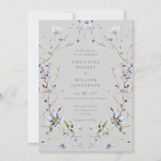 Grijs Elegant Winter Wildbloemen Bruiloft Kaart (Voorkant)