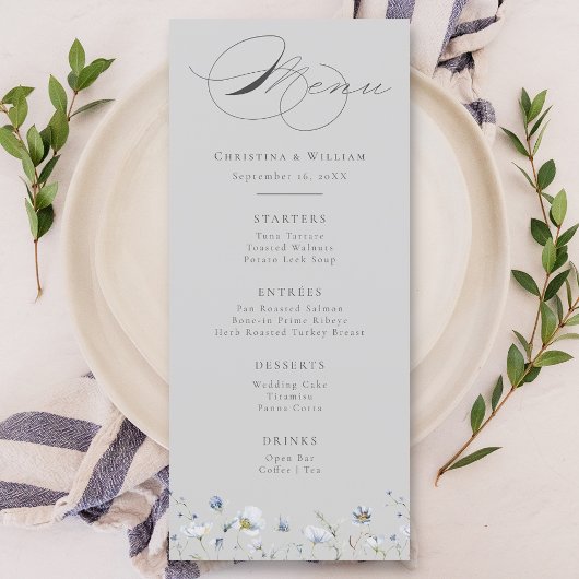 Grijs Elegant Winter Wildbloemen Bruiloft Menu