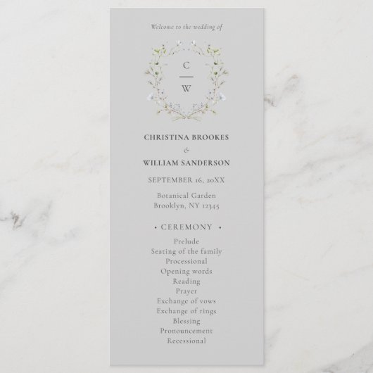 Grijs Elegant Winter Wildbloemen Bruiloft Programmakaart (Voorkant)