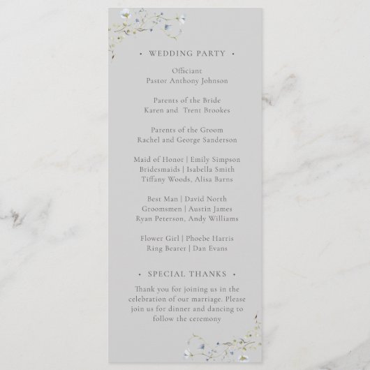 Grijs Elegant Winter Wildbloemen Bruiloft Programmakaart (Achterkant)