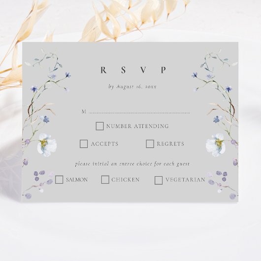 Grijs Elegant Winter Wildbloemen Bruiloft RSVP Kaartje
