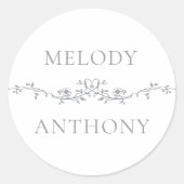 Grijs Elegante Bloemen Grens Monogrammen Ronde Sticker (Voorkant)