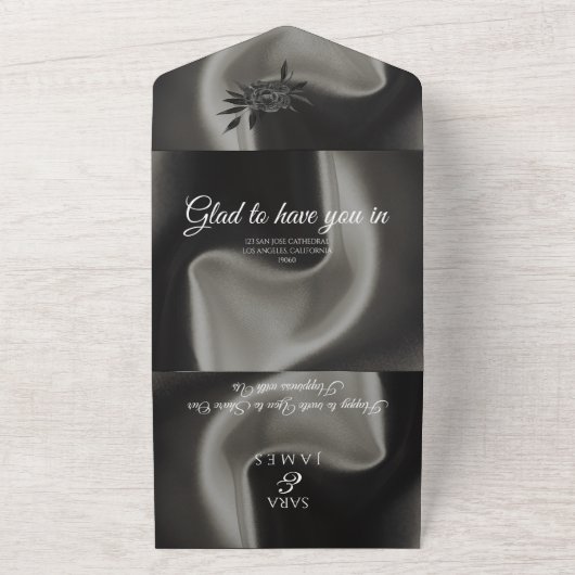 Grijs Elegante kalligrafie Bruiloft All In One Uitnodiging (Buitenkant)