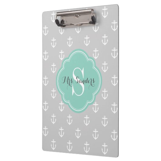 Grijs en Aqua Anchors Custom Monogram Klembord (Links)