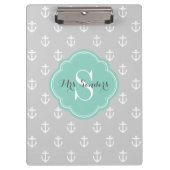 Grijs en Aqua Anchors Custom Monogram Klembord (Voorkant)
