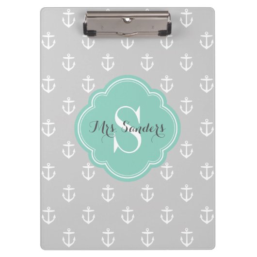 Grijs en Aqua Anchors Custom Monogram Klembord (Voorkant)