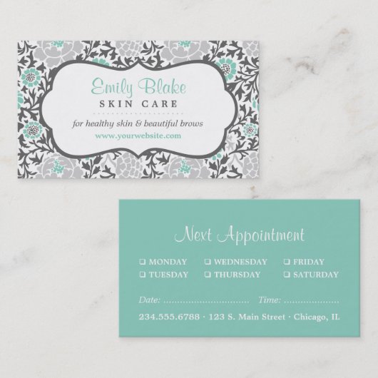 Grijs en Aqua Bloemen Damast Afspraak Afsprakenkaartje (Voorkant / Achterkant)