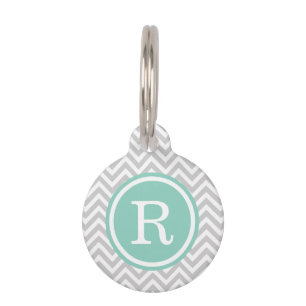 Grijs en Aqua Chevron Monogram Huisdierpenning