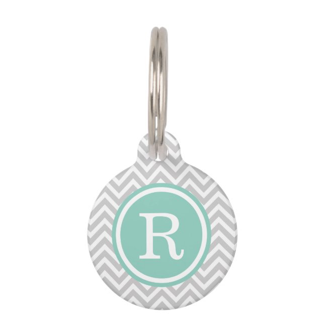 Grijs en Aqua Chevron Monogram Huisdierpenning (Voorkant)