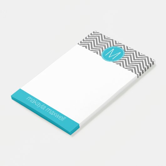 Grijs en Aqua Chevrons met één monogram Post-it® Notes (Schuin)