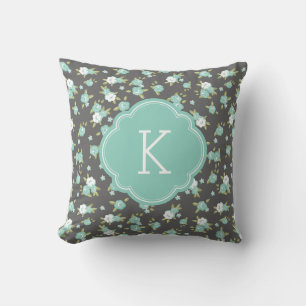 Grijs en Aqua Chic  Bloemenprint Monogram Kussen