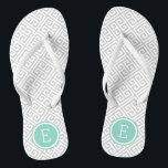 Grijs en Aqua Grieks sleutelmonogram Teenslippers<br><div class="desc">Aangepast gedrukte flip flop sandalen met een stijlvol,  modern Grieks sleutelpatroon en uw aangepast monogram of andere tekst in een cirkelvormige lijst. Klik aanpassen het om tekstdoopvonten en kleuren te veranderen of uw eigen afbeeldingen toe te voegen om unieke één van een soortontwerp te creëer!</div>