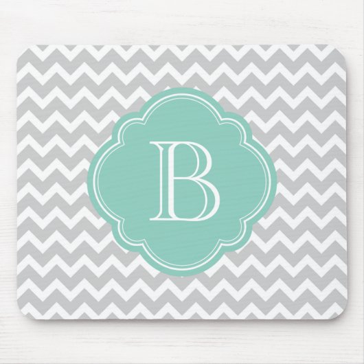 Grijs en Aqua Modern Chevron Aangepast monogram Muismat (Voorkant)