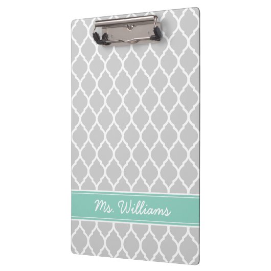Grijs en Aqua Quatrefoil Aangepast monogram Klembord (Links)