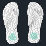 Grijs en Aqua Trellis Monogram Teenslippers<br><div class="desc">Aangepast afgedrukte flip flop sandalen met een stijlvol,  modern patroon en uw aangepaste monogram of andere tekst in een cirkelvormig lijst. Klik aanpassen het om tekstdoopvonten en kleuren te veranderen of uw eigen afbeeldingen toe te voegen om unieke één van een soortontwerp te creëer!</div>