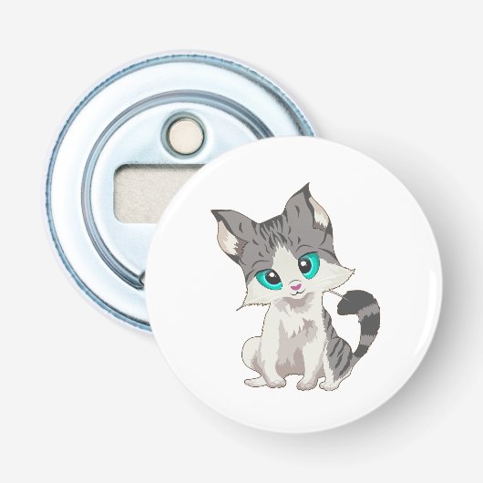 GRIJS- EN BEIGE KITTEN MET BLAUWE OGEN VERSNELLEN BUTTON FLESOPENER (Voorkant)