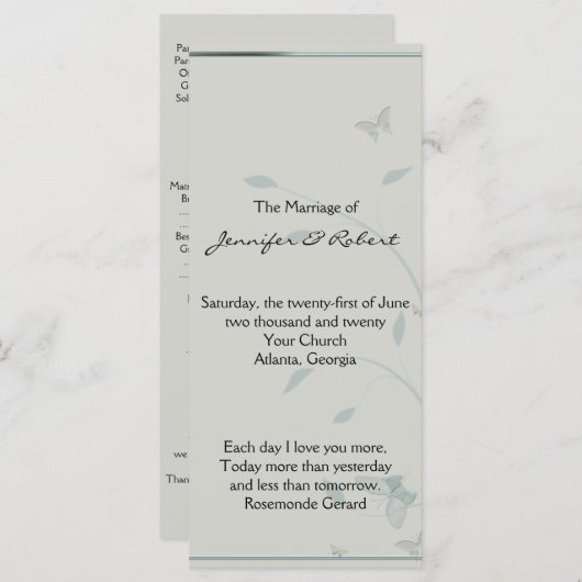 Grijs en Blauw Butterfly Meadow Bruiloft Programma Programmakaart (Voorkant / Achterkant)