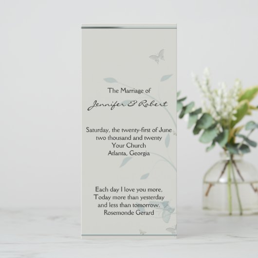 Grijs en Blauw Butterfly Meadow Bruiloft Programma Programmakaart (Staand voorkant)