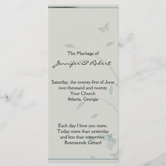 Grijs en Blauw Butterfly Meadow Bruiloft Programma Programmakaart (Voorkant)