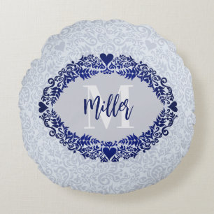 Grijs en blauw Damast Monogram Decoratieve Naam Rond Kussen
