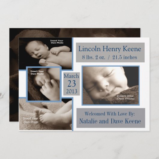 Grijs en blauw Foto Aankondiging 5x7 kaart (Voorkant / Achterkant)