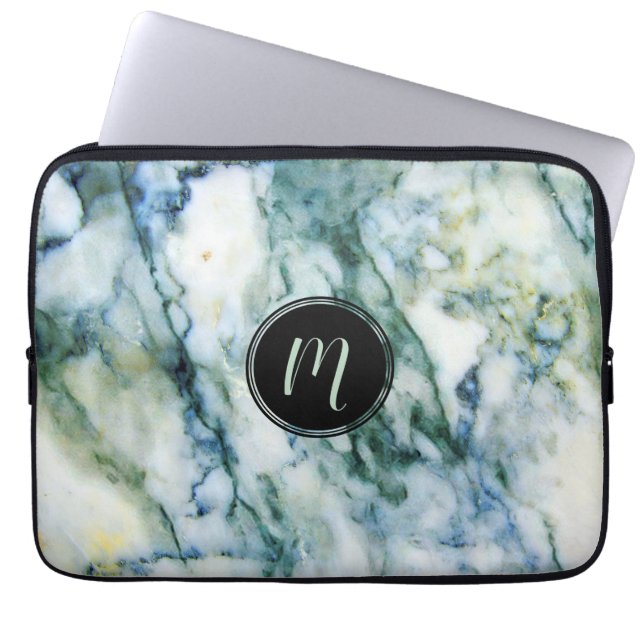 Grijs en blauw-groen Faux Marble Stone Monogram Laptop Sleeve (Voorkant)