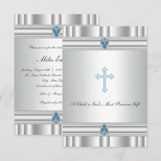 Grijs en blauw kruis doop kaart (Voorkant / Achterkant)