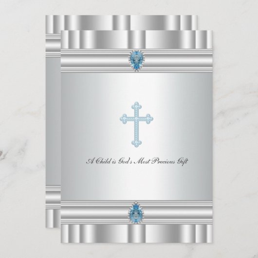 Grijs en blauw kruis jongens doop kaart (Voorkant / Achterkant)