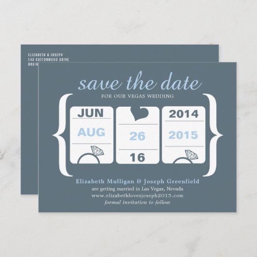 Grijs en Blauw Machine Huwelijk Save the Date Aankondigingskaart (Voorkant / Achterkant)