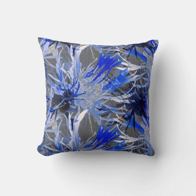 Grijs en Blauw Modern Kunstmatig Abstract Floral Kussen (Voorkant)