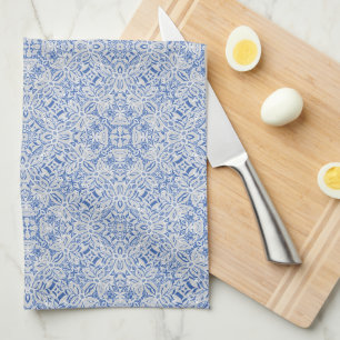 Grijs en blauw opengewerkt kantpatroon vintage theedoek